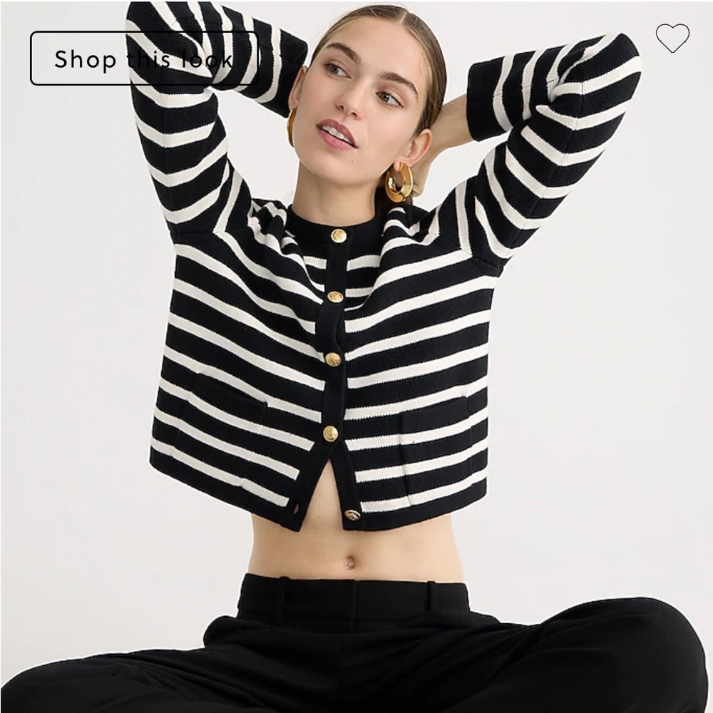 J.Crew Emilie patch-pocket sweater lady jacket in stripe XS black ivory